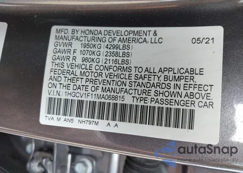 2021 Honda Accord Lx z USA, uszkodzony, nr VIN 1HGCV1F11MA068815